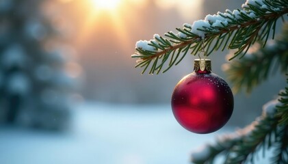 Red ornament hangs from a pine branch in the midst of a peaceful winter scene, frosty morning, Christmas decor, serene scene