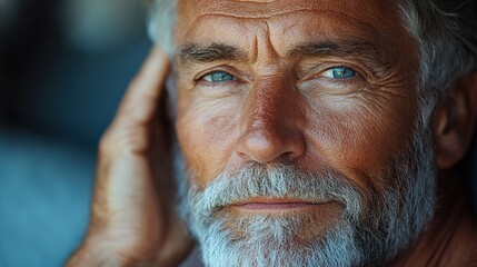 Thoughtful senior man close-up portrait, touching head, wrinkles, aging skin, aging skincare, cosmetology concepts.