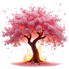 Cherry blossom tree with pink flowers illuminated by warm light or fire, creating enchanting atmosphere with heart-shaped petals swirling