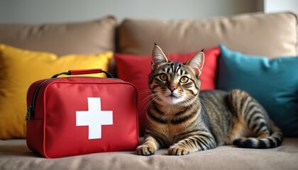 Fototapeta na wymiar Attentive tabby cat lies near comprehensive first aid kit. Brown kitten with green eyes relaxes on couch in cozy home environment. Pet health, safety and emergency preparedness concept.