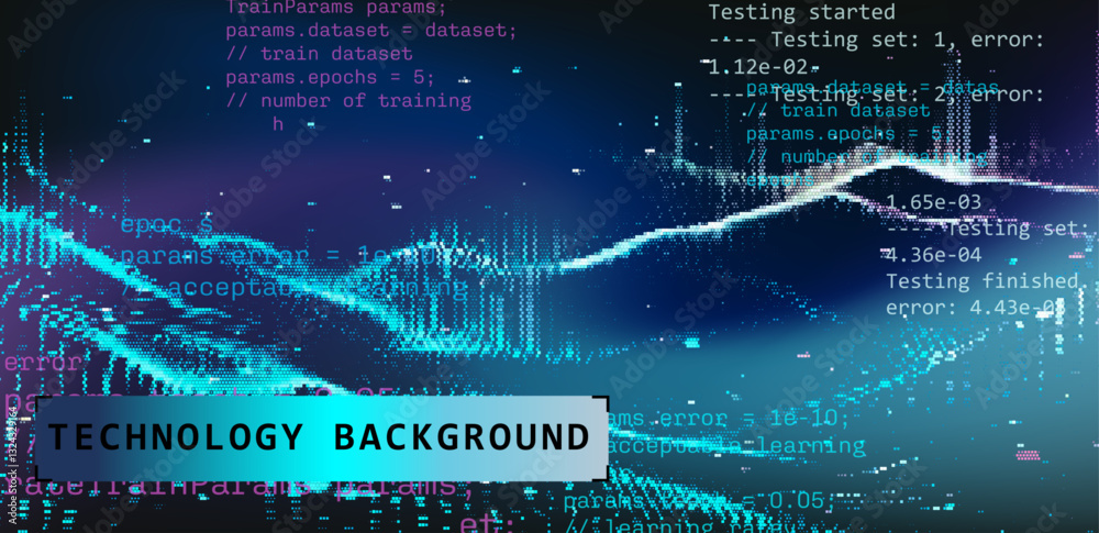 Poster Dynamic 3D vector illustration featuring digital waves with overlaying code and data elements. The vibrant colors reflect technology, innovation, and the flow of information in a digital landscape.