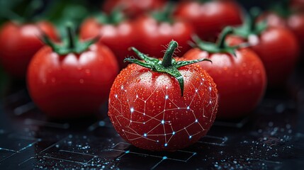 Tomatoes close-up with tech network overlay, healthy eating, digital health tracking.