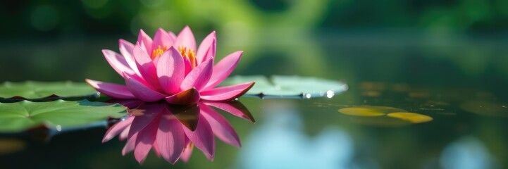 Reflection of water lily flowers in clear lake water, serenity, floral