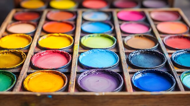 A wooden palette box filled with vibrant watercolor paints