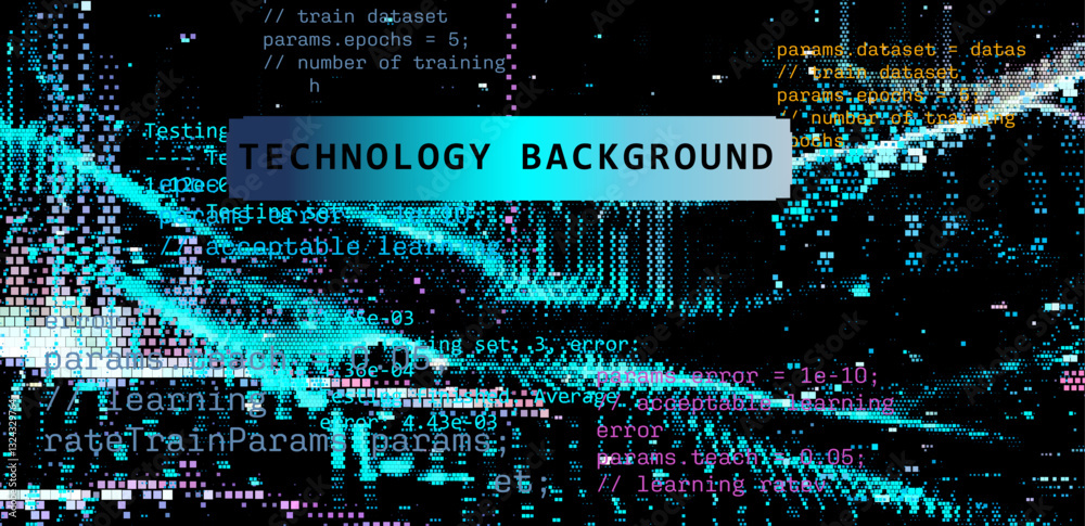 Poster Dynamic 3D vector illustration featuring digital waves with overlaying code and data elements. The vibrant colors reflect technology, innovation, and the flow of information in a digital landscape.
