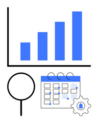Bar chart tracking growth, magnifying glass for detailed analytics, calendar representing scheduling and planning. Ideal for productivity, strategy, analysis, analytics, organization, data overview