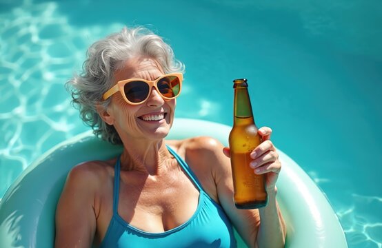 Senior woman with sunglasses drinks beer relaxing in turquoise swimming pool on inflatable ring. Vacationer, retiree, enjoying sun, summer. Sunny weekend resort mood, cool beverage.