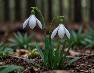 Fototapeta premium snowdrops against the forest background