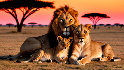 A pride of lions gathered under an acacia tree, silhouetted against the fiery hues of the setting sun.