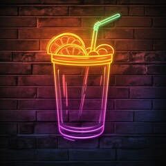 glowing neon sign outline sketch of smoothie iced fruit juice in a coffee shop wall 