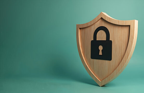 Wooden shield with black lock security, protection in digital physical environments. Safety concept for data access, cybersecurity, privacy. Safeguard against cybercrime. System access protection.