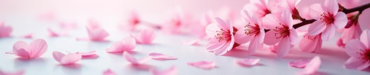 Soft pink petals scattered on a delicate cherry blossom branch, pink cherry blossoms, pink flowers, floral arrangement