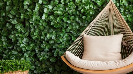 Fototapeta premium Garden Hammock Corner Concept, Cozy Hammock Nestled in a Serene Garden Alcove Surrounded by Lush Green Ivy Leaves