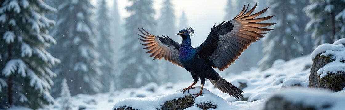Majestic black grouse with open wings stands on snowy rock against winter forest background. Wild bird with colorful feathers in mountain landscape. Wildlife theme, nature conservation, outdoor