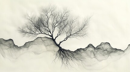  Artistic black ink tree blending into mountains, symbolizing strength, nature&rsquo;s beauty, and the deep connection between roots and landscape.
