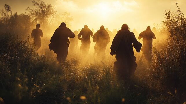  Disciples running toward the empty tomb, their robes flowing behind them, with expressions of awe and wonder as they rush across the dewy grass at sunrise.