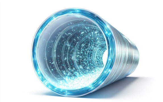 Fototapeta High-speed light tunnel with streaks of glowing particles, isolated on clear white background