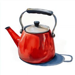 Red Enamel Kettle Watercolor Painting Bright Lighting White Background