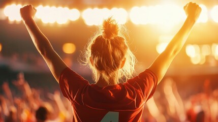 A victorious athlete celebrating in a stadium filled with enthusiastic fans.