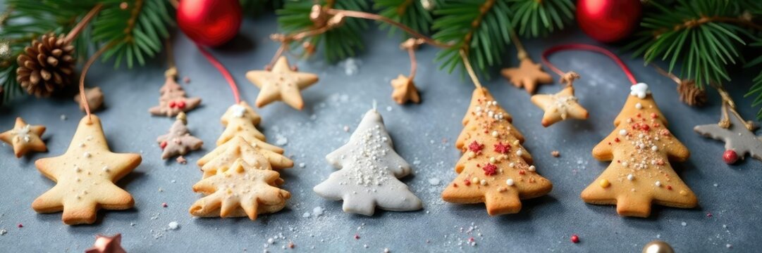 Tiny tree cookies with red balls and star biscuits on grey surface garland, Christmas decoration, star biscuits, small cookie