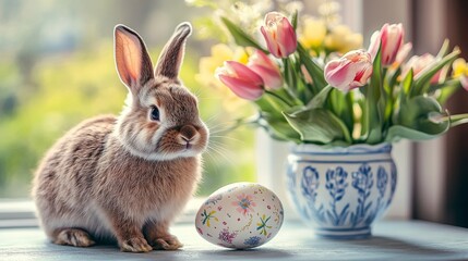 A delightful Easter setting showcases a cuddly stuffed rabbit accompanied by vibrantly painted eggs, encircled by an array of fresh spring blooms arranged in an ornate vase, symbolizing Easter