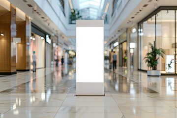 Front View Mockup of a Blank White Vertical Poster Standee in the Middle of a Shopping Mall