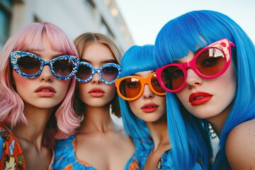 Four young women with colorful hair and oversized sunglasses posing outdoors in summer fashion