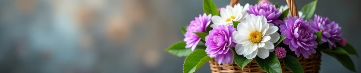 Fototapeta premium A basket filled with fresh purple and white flowers with green leaves, decorative, flowers