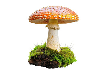 Red and white spotted mushroom with moss illustration isolated on Transparent Background