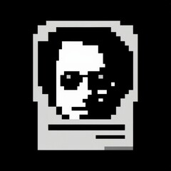 Obraz premium Icono, ordenador de sobremesa, monitor, sobre fondo negro, primer plano, visto de frente, en el monitor se ve el diseño de un rostro hacker, virus, silueta con gafas, pixels