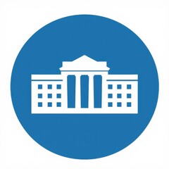Naklejka premium Icono logo 2D circular azul con la silueta de Casa Blanca, tipo palacio, museo, gran edificio con columnas frontales, techo a dos aguas y ventanas a ambos lados, ala este y oeste, fondo blanco