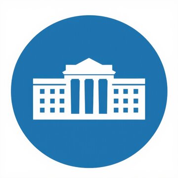 Icono logo 2D circular azul con la silueta de Casa Blanca, tipo palacio, museo, gran edificio con columnas frontales, techo a dos aguas y ventanas a ambos lados, ala este y oeste, fondo blanco