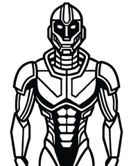 A Futuristic Robot Line Art vector, Sci-Fi Android Cyber Warrior Drawing,AI Robot Coloring Page for kids, Detailed Robot Line Art Sketch, Robot outline, Detailed Robot Line Art Sketch vector clip art.