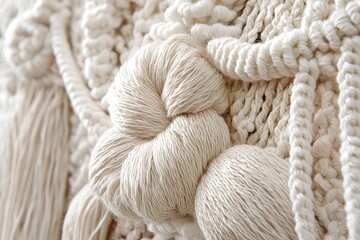 A close-up view of a handmade macrame texture pattern, embodying an eco-friendly modern knitting DIY natural decoration concept, presented in a flat lay