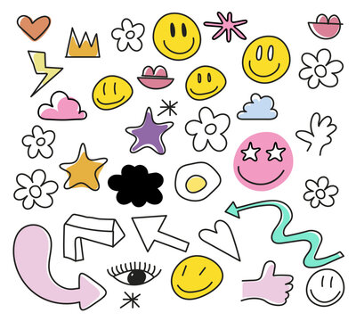 Satz handgezeichneter Strichzeichnungselemente in coolen farben. Doodle Zeichnung, Satz Aufkleber,herz, Pfeil, Blitz, wolke, smiley, Blume, mund, Hand
