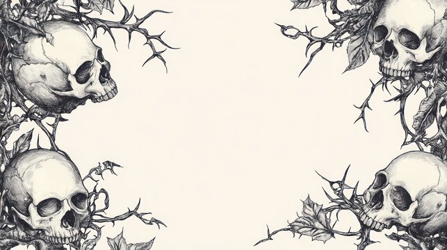 Skulls, thorns, roses, frame, gothic, design, background, invitation