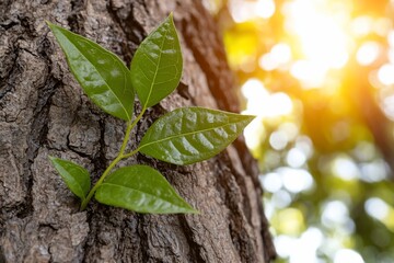 New green leaves sprout from tree trunk.