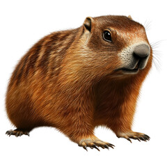 Fototapeta premium Charming groundhog sitting on grass with a curious expression in a natural outdoor setting isolated on a white background.