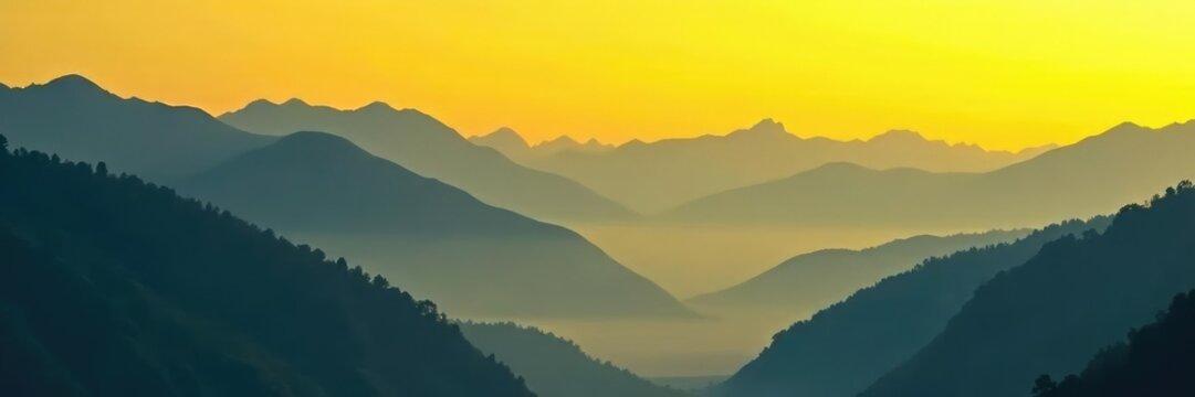 Yellow fog rolling in behind mountains with black background, nature, scenery