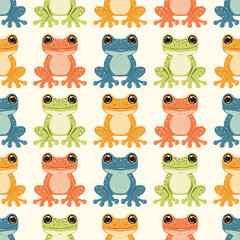 Cute retro color frog seamless pattern, vector background, amphibian animal print, vintage style wildlife, nature textile fabric wallpaper, funny happy toad, kids fashion, trendy decoration, colorful