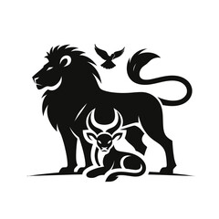 ajestic Animal Silhouette: Lion, Calf, and Bird Design