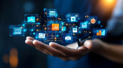 Hand holding a screen with many icons and numbers