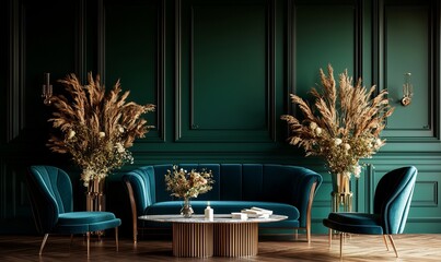 A contemporary living room with green accents and textured walls serves as a stylish backdrop