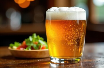 Enjoying a refreshing beer at a cozy bar with a delicious salad plate