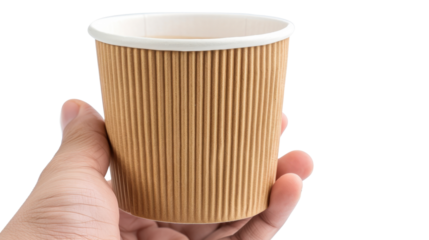 Hand holding disposable paper cup with transparent background