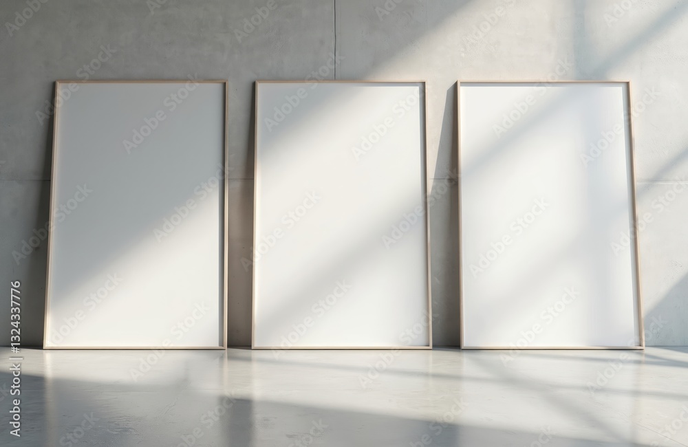 Poster modern minimalist concrete interior with sunlight and mockup posters. empty gallery exposition. art,