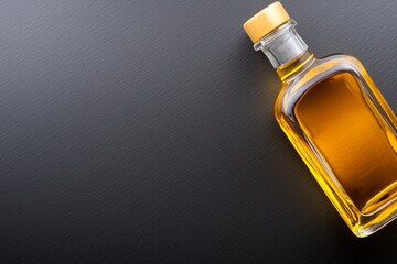 A glass bottle of golden oil with a golden cap on a dark background