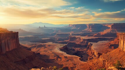 Of a Breathtaking canyon with layered red rock formations glowing under a warm afternoon light
