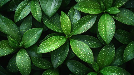 Fototapeta premium Vibrant green leaves close-up, water droplets showcase nature's purity, beauty, symbolizing eco-friendliness, sustainability.