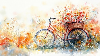 Fototapeta premium Vintage bicycle with a basket full of colorful flowers, surrounded by a dreamy watercolor meadow, evoking nostalgia, peace, and countryside charm.